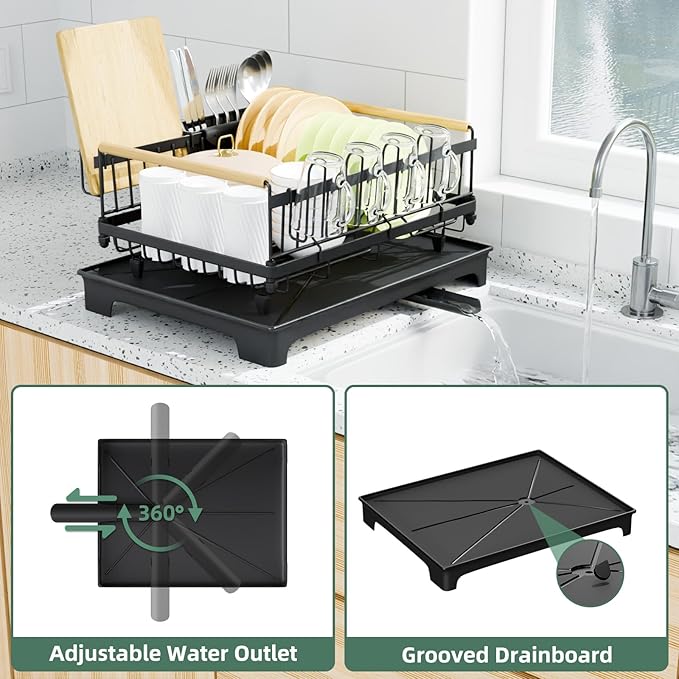 Dish Drying Rack, Drying Rack with Automatic Drainboard, Dish Racks for Kitchen Counter, Rustproof Dish Drainer with Removable Utensil Holder, Cups Holder,Black