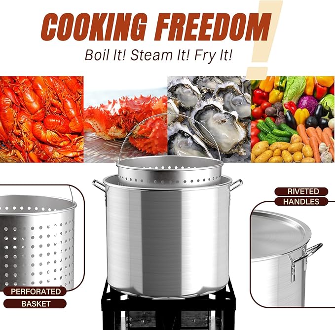 80QT Crawfish Boiler Kit, Waterproof Cover & 18-inch Skimmer, 110,000BTU Propane Burner Stove, 0-20PSIG Regulator, Aluminum Seafood Boil Pot, Crab Boil Pot with Basket