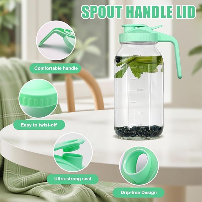 64 oz Glass Pitcher with Lid - 2 Quart Mason Jar Pitcher with Lid, Wide Mouth Airtight & Leakproof Glass Jar for Iced Tea, Juice, Breastmilk, Cold Brew, Sun Tea and Drinks