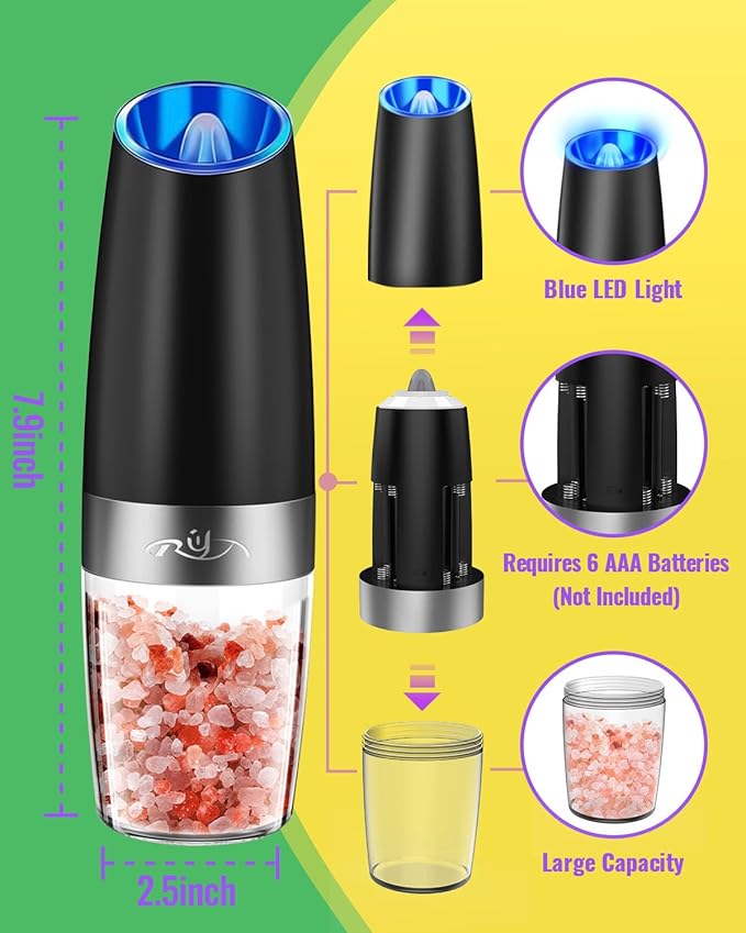 Gravity Electric Salt and Pepper Grinder Set, Automatic and Battery-Operated with Adjustable Coarseness, LED Light, One Hand Operated By Rongyuxuan