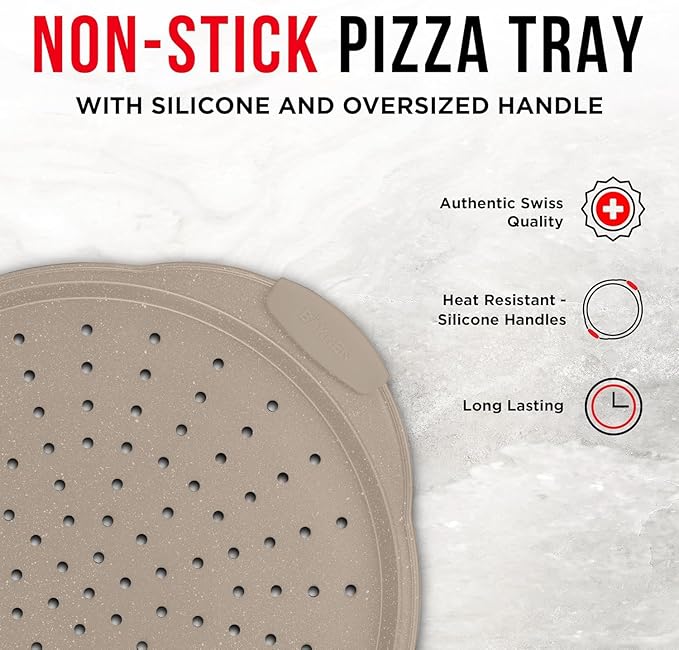 Non-Stick Pizza Pan with Silicone Handle 1 Pack, 13 Inch Round Carbon Steel Tray with Perforated Holes, Dishwasher & Oven Safe Up To 450°F, PFOAPFOSPTFE Free, Durable Nonstick White Marble Coating