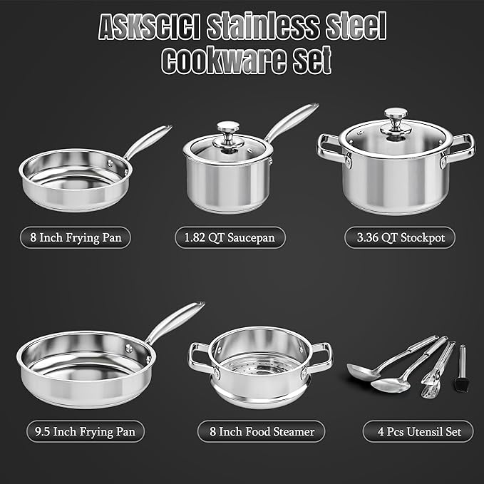 Stainless Steel Cookware Set, 16-Piece Pots and Pans Set Non Toxic, Kitchen Induction Cookware with Glass Lids, Steamer, Utensil Sets, Pot Protectors & Apron, Oven & Dishwasher Safe, Silver