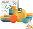 Homienly Dinnerware Set 32-Piece Wheat Straw Dinnerware Sets Unbreakable Reusable Dinnerware Set Kitchen Cups Plates and Bowls Sets, Microwave and Dishwasher Safe Dishes for Camping, Outdoor-Colorful