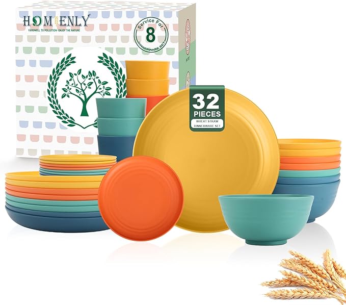 Homienly Dinnerware Set 32-Piece Wheat Straw Dinnerware Sets Unbreakable Reusable Dinnerware Set Kitchen Cups Plates and Bowls Sets, Microwave and Dishwasher Safe Dishes for Camping, Outdoor-Colorful