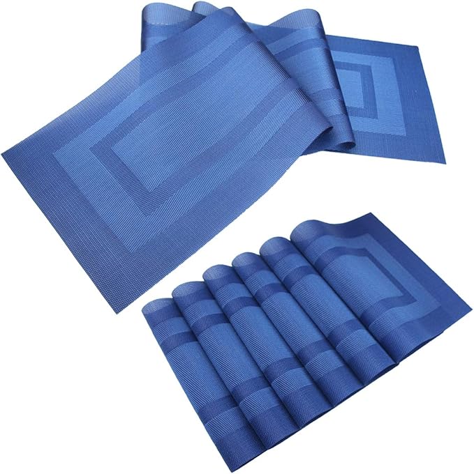 PIGCHCY Placemats with Matching Table Runner,Heat Resistant Vinyl Woven Washable Table mats Sets (6 Placemats+1 Table Runner,Navy Blue)