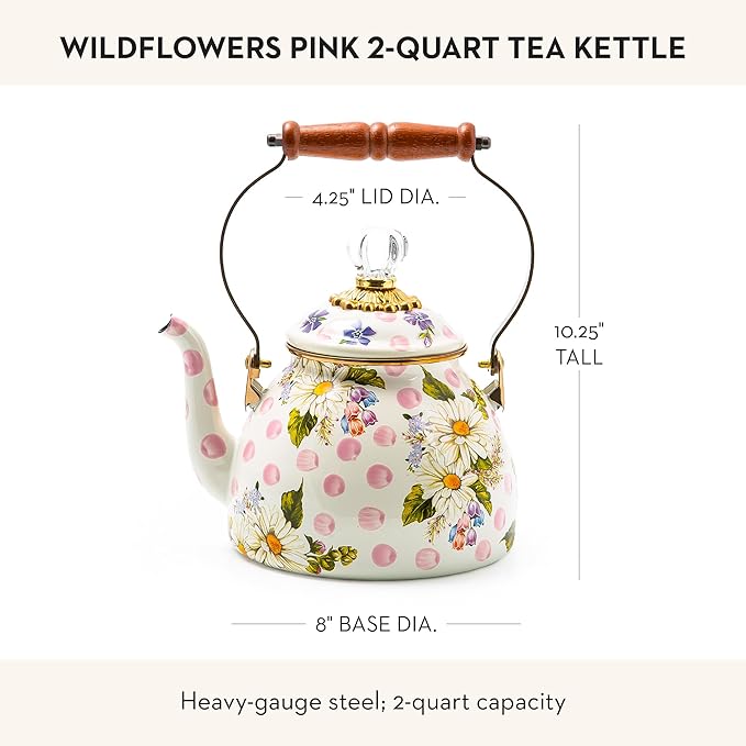 MACKENZIE-CHILDS Enamel Tea Kettle, Cute Kitchen Kettle for Stovetop, 2-Quart Capacity, Pink Wildflowers
