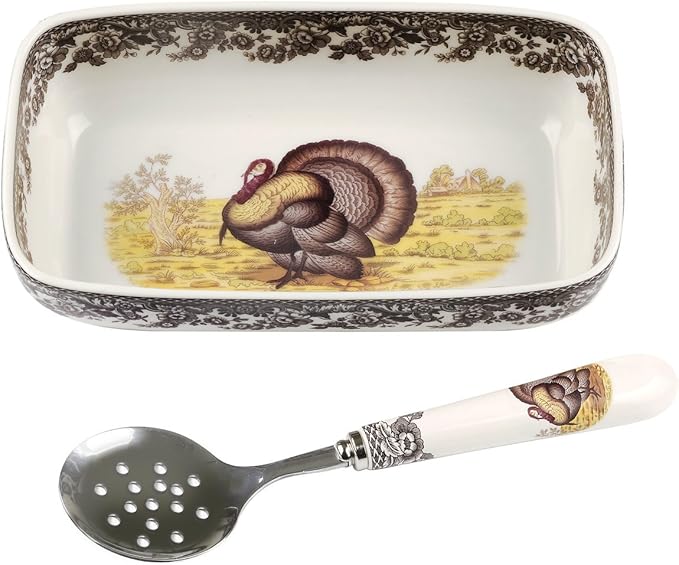 Spode Woodland Cranberry Dish with Slotted Spoon - Featuring Turkey Motif & British Flower Border, Fine Earthenware for Serving Cranberry Sauce, Chutneys, Vegetables - Oven, Microwave, Dishwasher safe