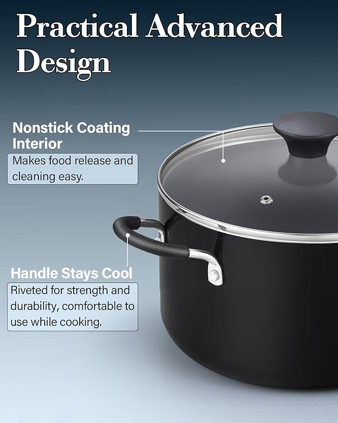 Cook N Home Nonstick Stockpot with Lid 6-QT, Professional Deep Cooking Pot Cookware Casserole with Glass Lid, Black