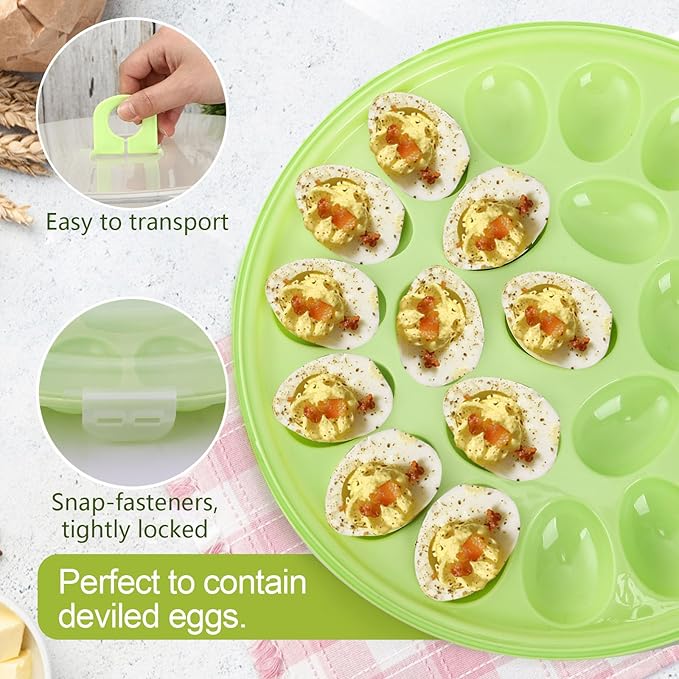 HANSGO Deviled Egg Containers with Lid, Deviled Egg Platter Carrier Holder Trays with 22 Slots for Holiday Party and Home Kitchen, Green