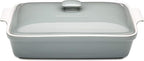Stoneware Casserole Dish Bakeware Set with Lid, Covered Rectangular Dinnerware, Large 3.2 Quart, 11 by 9 Inch, Grigio [Grey]