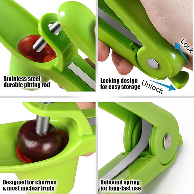 SCHVUBENR Cherry Pitter Tool - Stainless Steel Cherry Corer Pitter with Ergonomic Push Design - Easy to Use for Making Cherry Jam - Pit Cherry with Ease, Saving Time & Space with Lock Design(Green)