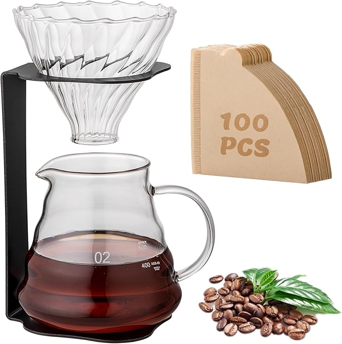 Coffee Pour Over Set – Complete Pour Over Coffee Maker with Dripper, Pot, and 100 Filters | Portable V60 Style Drip Coffee Pour Over