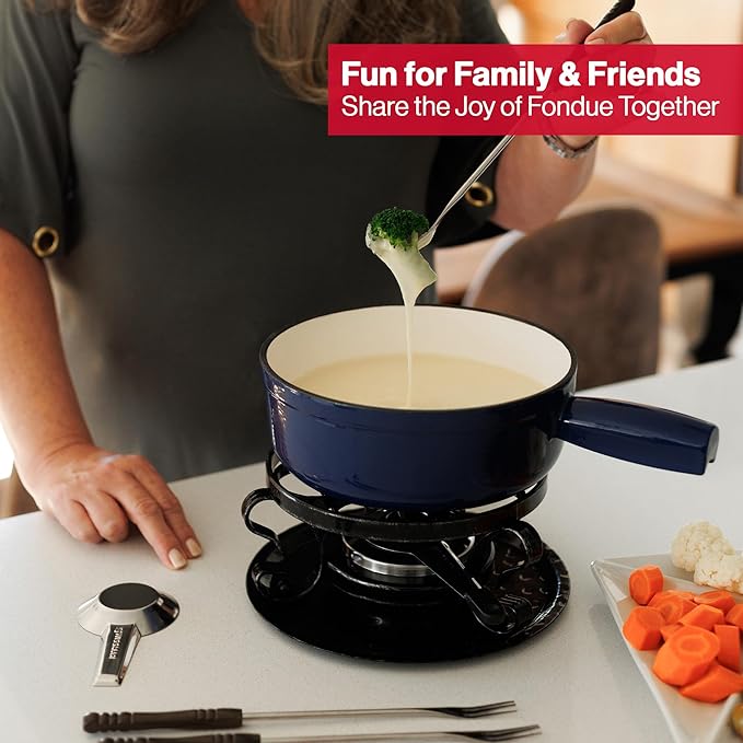 Swissmar Lugano Cast Iron Cheese Fondue Set, 9-Piece, 2 QT / 2 L - Ideal for Melting Cheese, Chocolates, Caramel, & More - Perfect for Kitchen Collection & Gift Giving - Deep Blue