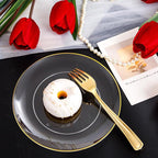 PULOTE 100PCS Clear and Gold Plastic Plates - Heavy Duty Clear Disposable Plastic Plates With Gold Trim for Wedding&Party Include 50 Dinner Plates, 50 Dessert Plates