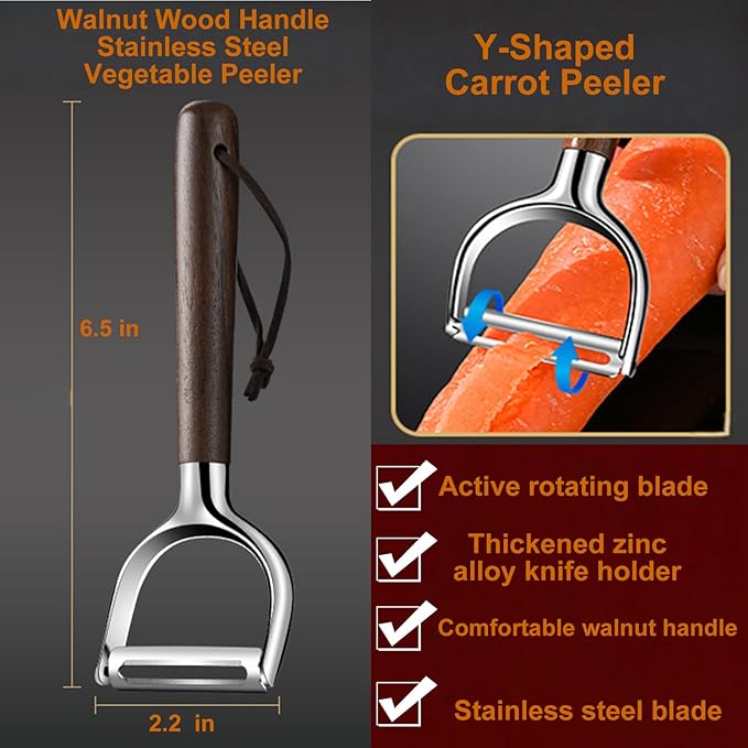 Premium Vegetable Peeler Set - Stainless Steel Y-shaped & I-shaped Peelers with Ergonomic Non-Slip Wood Handle and Hanging Loop for Fruits, Carrot,Veggie, Potatoes & Kitchen Use (2-Piece)