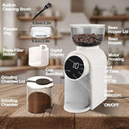 Electric Coffee Grinder Touchscreen 2-14 Cup Conical Burr Coffee Grinder with 25 Grinding Settings Cleaning Brush Grindable Espresso Drip Coffee French Press for Home Use 110V White
