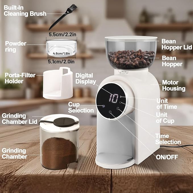 Electric Coffee Grinder Touchscreen 2-14 Cup Conical Burr Coffee Grinder with 25 Grinding Settings Cleaning Brush Grindable Espresso Drip Coffee French Press for Home Use 110V White