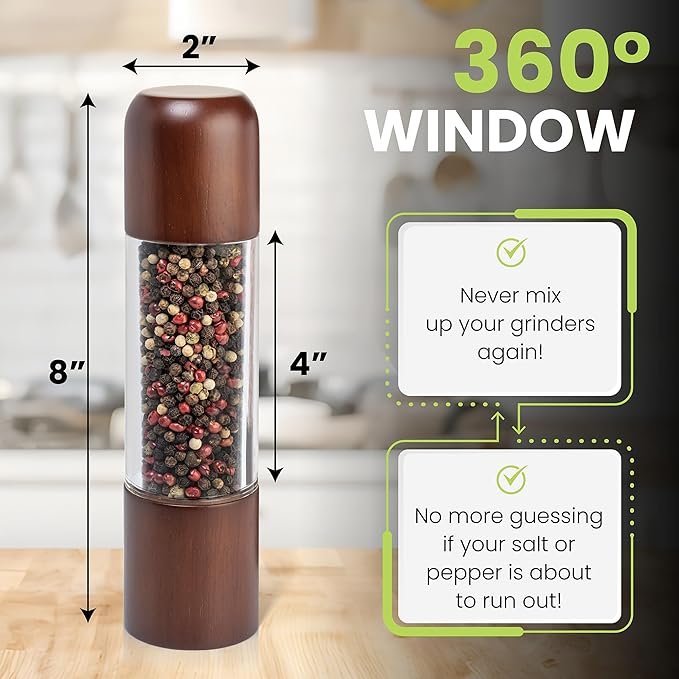 Salt and Pepper Grinder Set - Acrylic Salt and Pepper Grinders - Refillable Wooden Salt and Pepper Mill 8 inch Set of 2