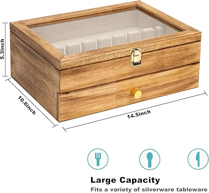 Silverware Box, 2-Layer Wooden Silverware Storage Box with Glass Lid, 14.5×10.6 Inches Vintage Style Decor Flatware Storage Case for Fine Flatware & Utensils, Gift Idea (Torched Wood)
