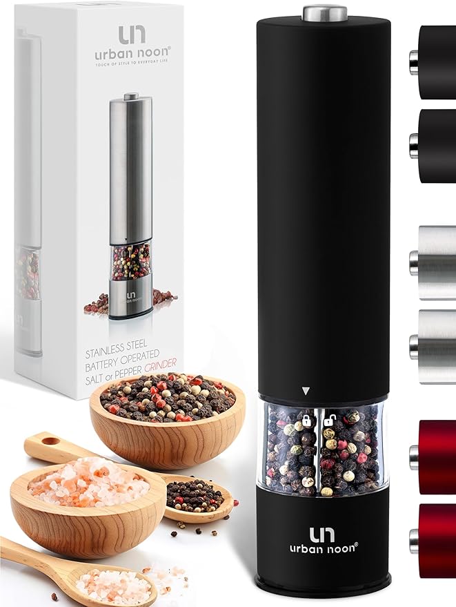 Electric Pepper Grinder or Electric Salt Grinder - Single Battery Operated Stainless Steel Salt or Pepper Mill with Light (Black) - Automatic One Handed Operation with Adjustable Ceramic Grinder