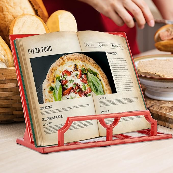JOGREFUL Cookbook Stand, Cast Iron Heavy-Duty Recipe Book Holder, Kitchen Vintage Recipe Book Holder, Reading Rest Holder for Easel/Counter/Books/Magazine/iPad/Bible, Vine Pattern, Red