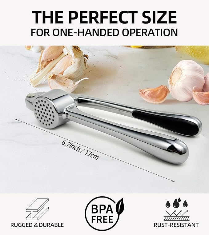 Stainless Steel Garlic Press Set w/Silicone Peeler & Brush, Heavy Duty Metal Garlic Mincer, Dishwasher Safe, Easy Clean (Regular Handle)