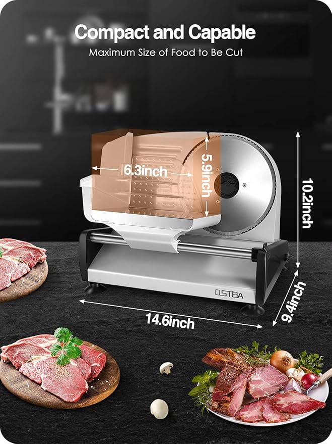 Meat Slicer 200W Electric Deli Food Slicer with 2 Removable 7.5" Stainless Steel Blade, Adjustable Thickness for Home Use, Child Lock Protection, Easy to Clean, Cuts Meat, Bread and Cheese