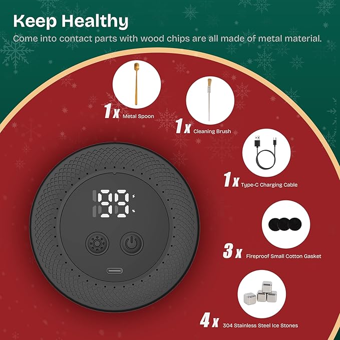 Electric Whiskey Smoker Kit with Led Lights, 4 Reusable Ice Cubes and 6 Flavors Natural Wood Chips, Old Fashioned Bourbon Smoker Kit for Home Bar, Bourbon Whiskey Gifts for Men, Dad, Husband