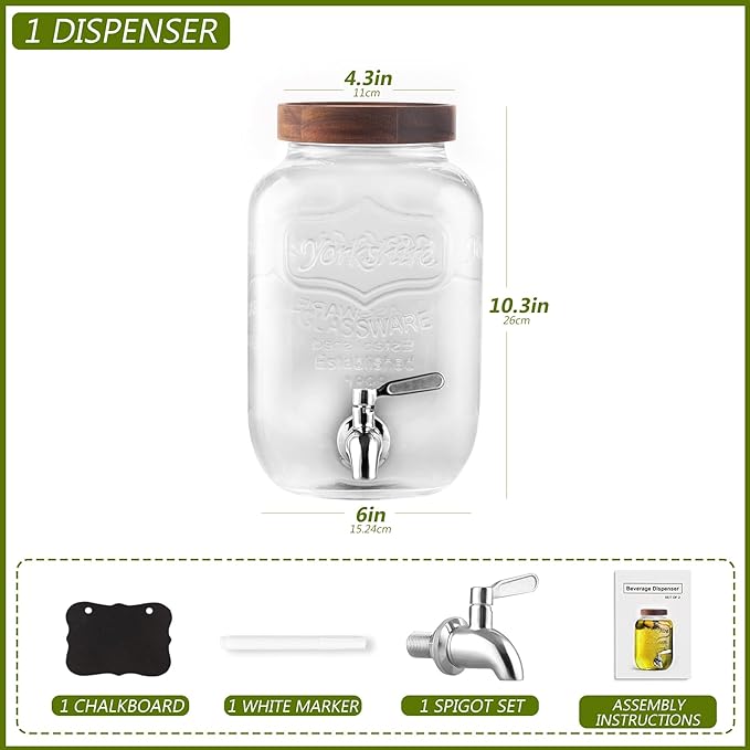1 Gallon Drink Dispenser with Spigot 18/8 Stainless Steel – Airtight & Leakproof Glass Sun Tea Jar with Anti-Rust Lids, Beverage Dispenser for Parties