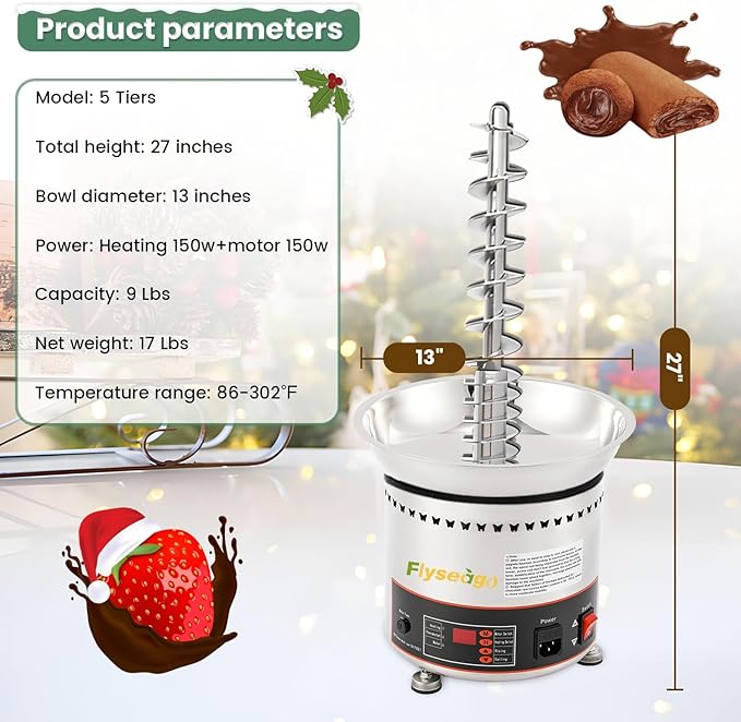 Chocolate Fountains Commercial 5 Tiers 9Lbs Large Chocolate Waterfall Machine Stainless Steel Hot Cheese Fondue Tower Easy Assembly Perfect for Candy BBQ Sauce Ranch Liqueurs Digital-control