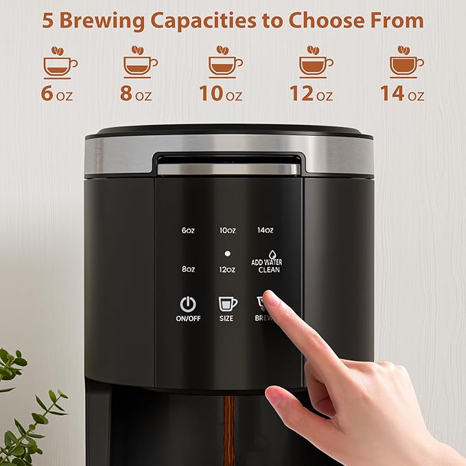 WAA Single Serve Coffee Maker, 2 in 1 Coffee Machine for Capsule & Ground Coffee, 6 to 14oz Brew Size, 40oz Removable Reservoir, Coffee Brewer with Auto Shut-off, Self-Cleaning, Memory Function, Black