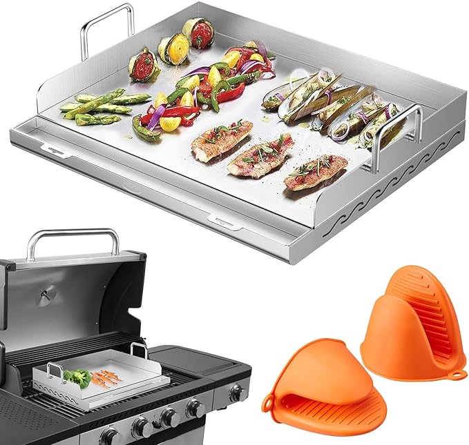 Stainless Steel Griddle for Gas Grill, 23" x 16" x 2.2", Flat Top Grill with Removable Grease Tray