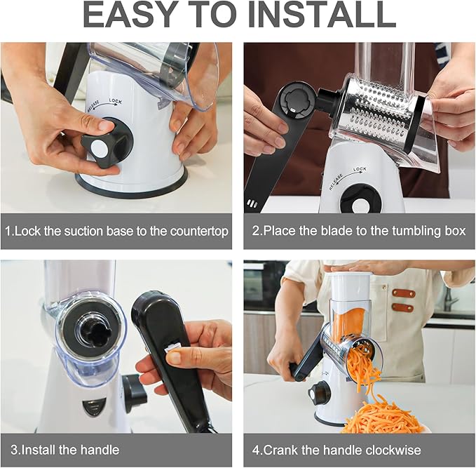 Cambom Rotary Cheese Grater Hand Crank Cheese Shredder for Fresh Cheese, Vegetable, Nuts,Non-slip Suction Base, Free Cleaning Brush Three Blades, White and Black