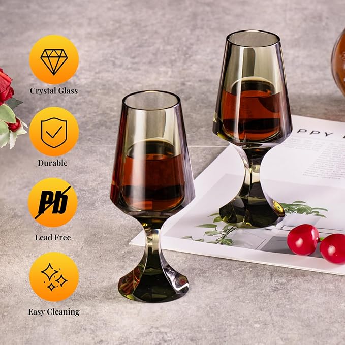 KAMMAK Crystal Snifter Glass Set of 2 - Hand Blown Stemmed Whiskey Glass for Bourbon-2.37oz, Brandy & Cognac with Delicate Rim, Colored Elegant Etched Detailing, Luxury Barware for Tasting & Gift