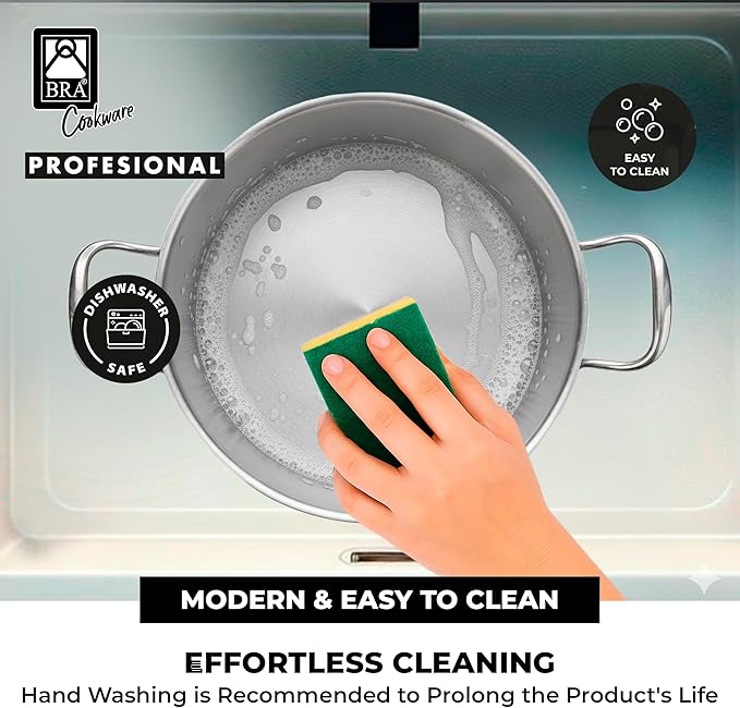 BRA COOKWARE Profesional Sauté Pan w/Glass Lid | 10.2 inches - 3.2 quarts Professional Deep Pan | Stainless Steel Sauté Pan | All Stovetop Compatible | 100% PFOA Free | Brushed Finish