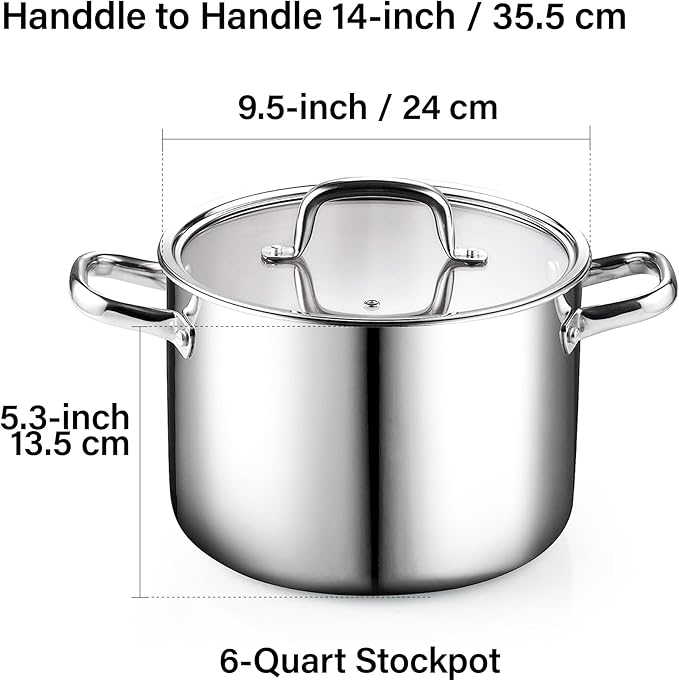 Cook N Home Stainless Steel Stockpot with Lid 6 Quart, Tri-Ply Clad Soup Pot, Induction Cooking pot, Silver