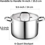 Cook N Home Stainless Steel Stockpot with Lid 6 Quart, Tri-Ply Clad Soup Pot, Induction Cooking pot, Silver