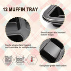 2 Packs Square Muffin Baking Pan, Premium Steel Muffin Pan for Baking, Nonstick Cupcake Tin Cheesecake Pans, Bakeware Muffin Top Pan (12 Cups, Black Grey)