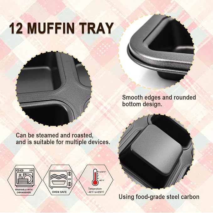 2 Packs Square Muffin Baking Pan, Premium Steel Muffin Pan for Baking, Nonstick Cupcake Tin Cheesecake Pans, Bakeware Muffin Top Pan (12 Cups, Black Grey)