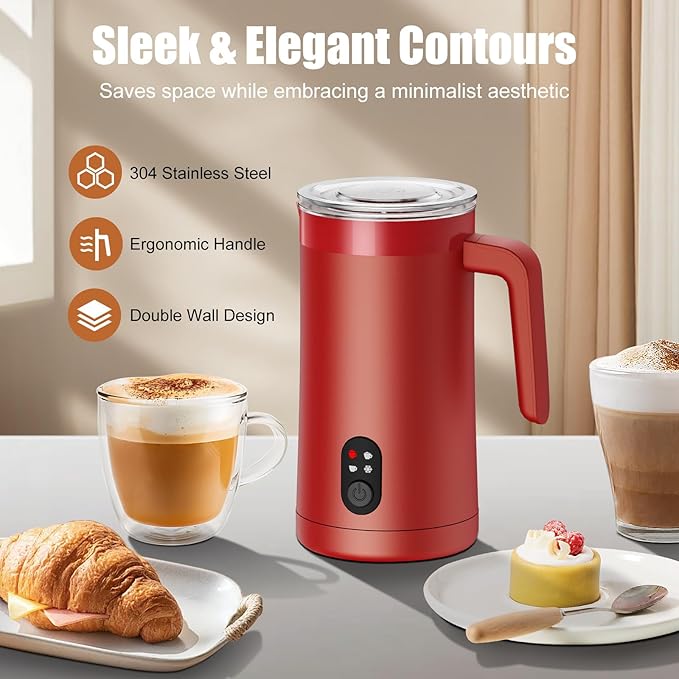 Milk Frother, 4-in-1 Milk Frother and Steamer, 13.5oz/400ml Automatic Hot and Cold Foam Maker and Milk Warmer, Electric Frother for Coffee, Latte, Cappuccino, Macchiato, Matcha(Red)