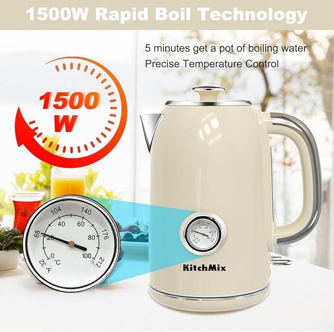 Electric Kettles1500W, 1.7L Stainless Steel Tea Kettle with Thermometer, Auto Shut-Off & Boil-Dry, Cool Touch Handle, BPA Free Kettle & Hot Water Kettle (Beige)