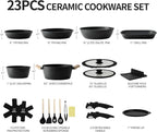 23PCS Ceramic Nonstick Cookware Set, Nonstick Detachable Handle Ceramic Cookware, Induction Kitchen Cooking Set with Removable Handle,include Frying Pans & Saucepans Oven Safe(Black)