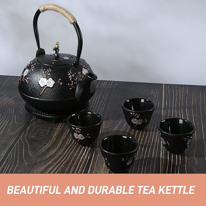 Tea Set Tea Kettle Japanese Style Beautiful Black Cast Iron Teapot Set with 4 Cups,1 Trivet and 1 Lid Holder,40.6oz Teapot with Infuser for Stove Top Safe