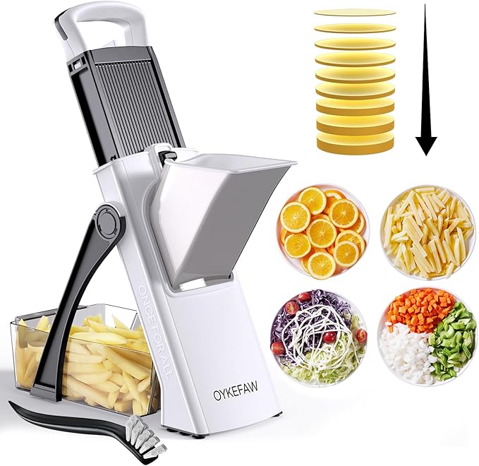Upgrade Safe Mandoline Slicer for Kitchen, 5 in 1 Vegetable Chopper, Mandolin Potato Slicer with Thickness Adjuster, French Fry Cutter, Veggie Dicer Faster Kitchen Slicer for Meal Prep Black