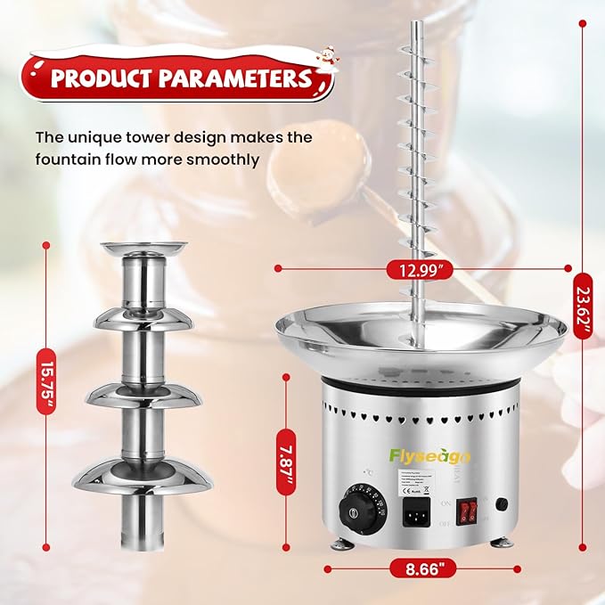 Commercial Chocolate Fountain 4 Layers 11Lbs Large Chocolate Fondue Tower Stainless Steel Hot Chocolate Waterfall for Nacho Cheese Knob Control