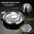 Lemon Squeezer Stainless Steel, Heavy Duty Hand Manual Citrus Juicer, Premium Orange Lime Fruit Squeezer, Robust Reamer Rotation 2 Pour Spout 200ML Container, Dishwasher Safe（5-Year Warranty）