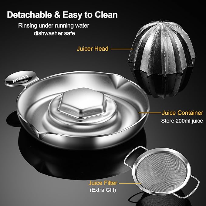 Lemon Squeezer Stainless Steel, Heavy Duty Hand Manual Citrus Juicer, Premium Orange Lime Fruit Squeezer, Robust Reamer Rotation 2 Pour Spout 200ML Container, Dishwasher Safe（5-Year Warranty）