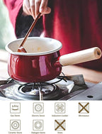 Enamel Milk Pan with Dual Pour Spout Butter Warmer Milk Pot for Stove Top Healthy White Enameled Inside Coating Iron 1QT Small Soup Pot with Wooden Handle (Red)