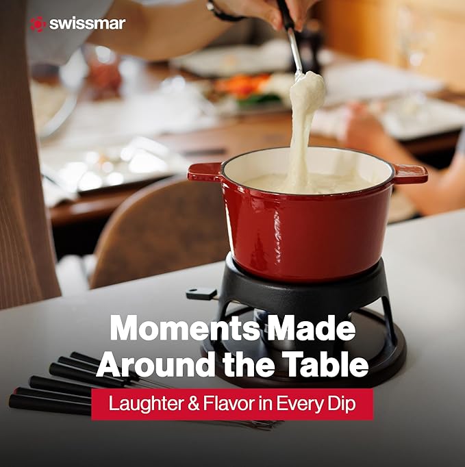 Swissmar Sierra Cast Iron Fondue Set, 1.6 Quart / 1.6 Liter – Perfect for Meat, Cheese, & Chocolate Fondues – Ideal for Family Bonding & Hosting Gifts - 12-Pieces, Cherry Red