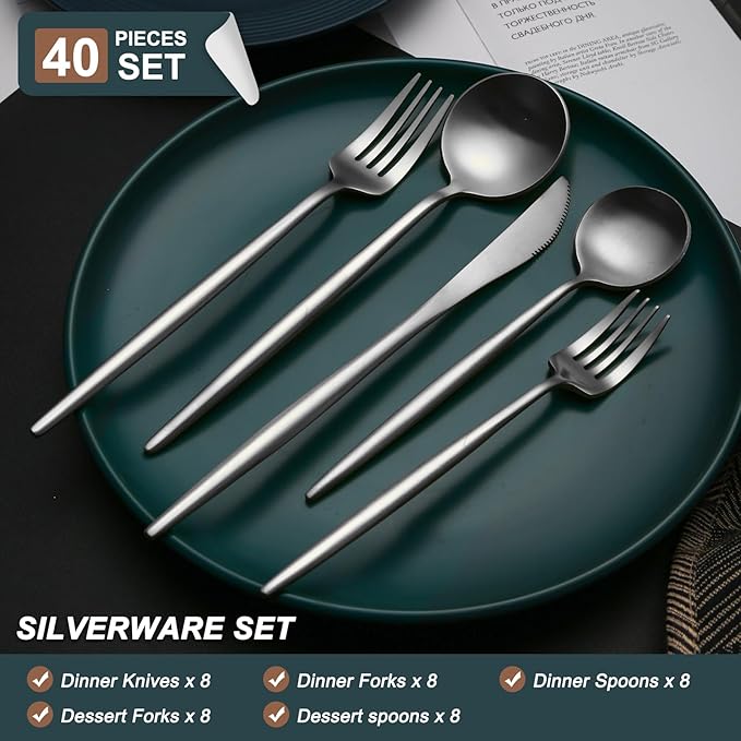 40 Pieces Silverware Set, Stainless Steel Flatware Set for 8, Satin Finish Spoons and Forks Silverware Set, Silver Cutlery Utensils Set, Dishwasher Safe